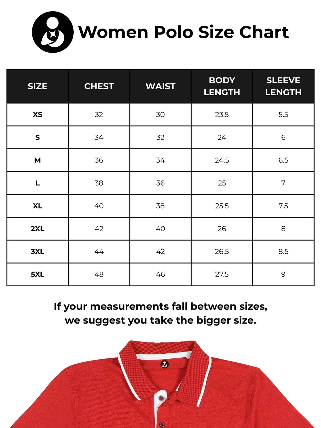 Size chart for Fighterhero Women's Red Polo T-shirt with 'Boundless' design
