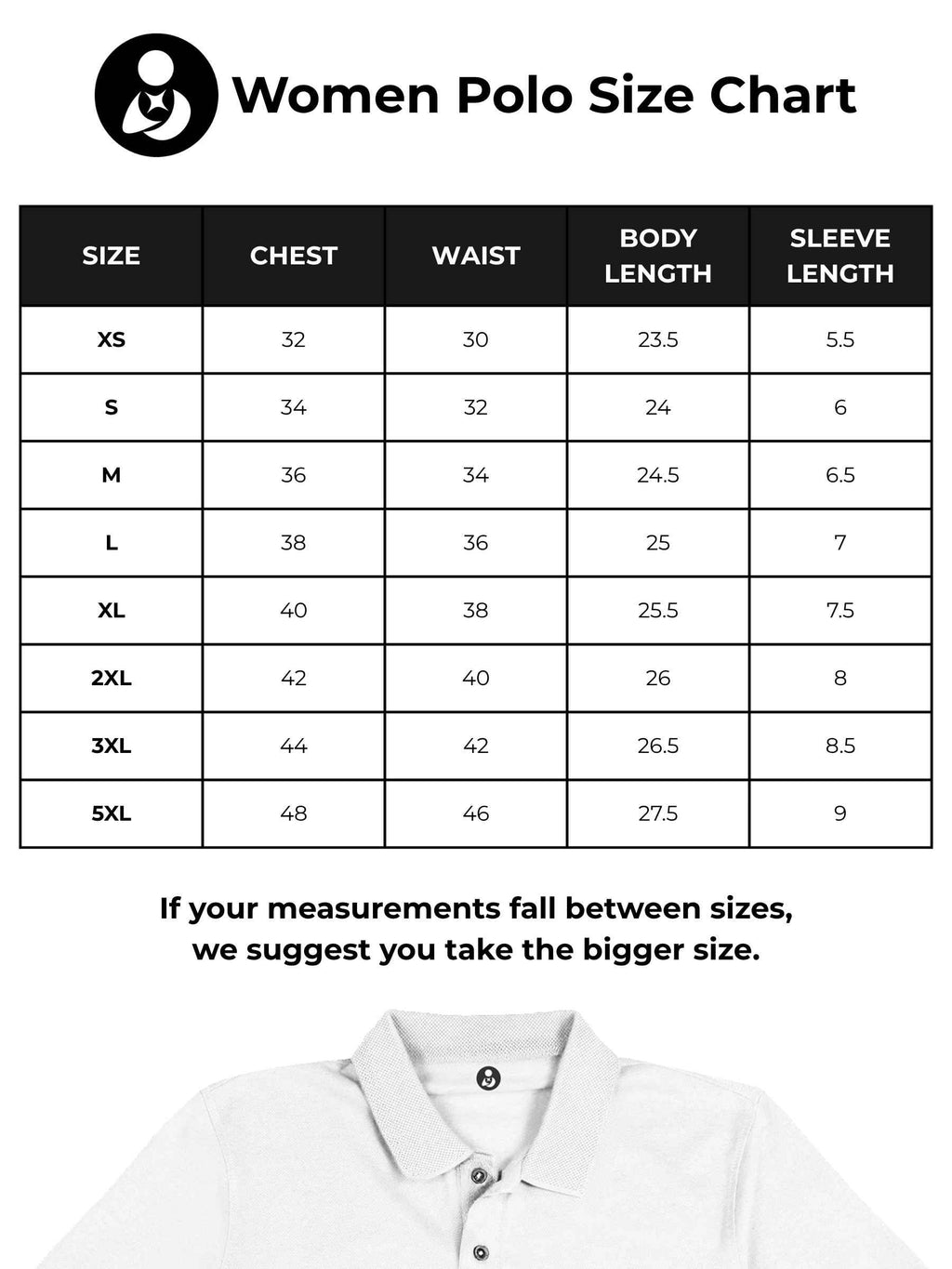 Size chart for Fighterhero Women's White Polo T-shirt with 'Grounded' design