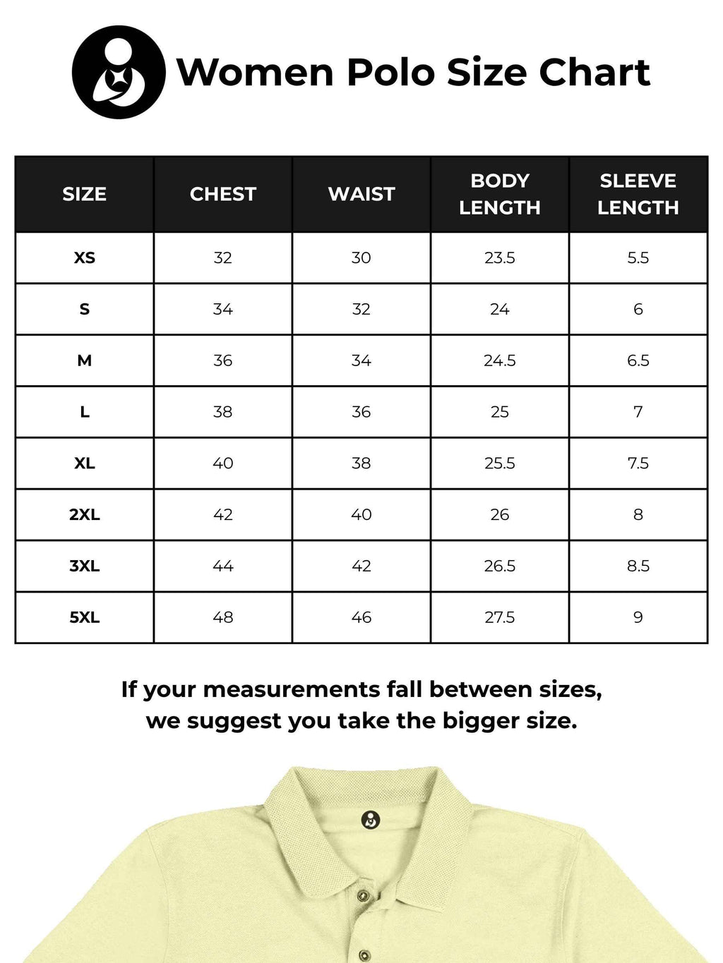 Size chart for Fighterhero Women's Yellow Polo T-shirt with 'Chase The Impossible' design