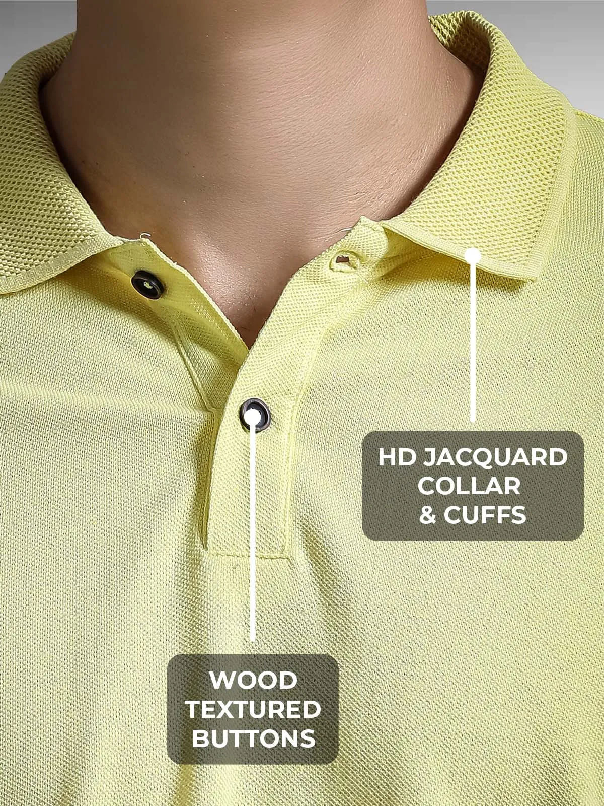 Men's Yellow Polo T-shirt with HD Jacquard Collar, Cuffs, and Wood-Textured Buttons, for a premium look.
