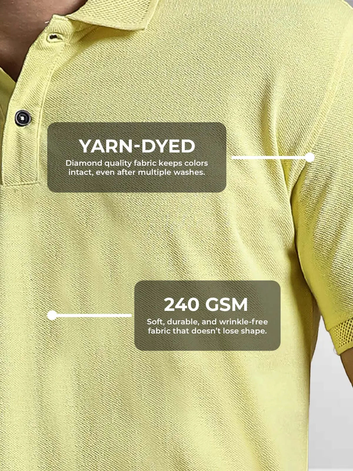 Men's Yellow Polo T-shirt made of 240 GSM strong, wrinkle-resistant fabric that doesn't lose color or shape.