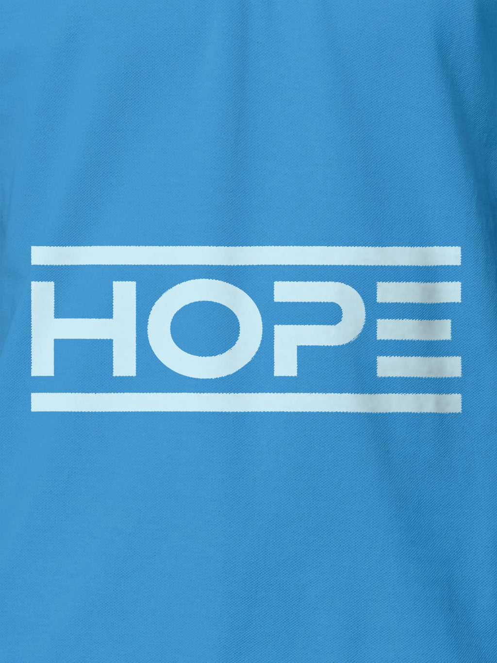Close up of 'Hope' design on Men's Blue Polo T-shirt, highlighting intricate details and vibrant print.