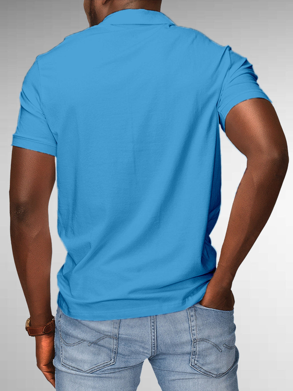 Back view of Fighterhero Men's Blue Polo T-shirt, highlighting the modern look and clean finish