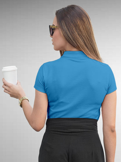 Back view of Fighterhero Women's Blue Polo T-shirt, highlighting the modern look and clean finish