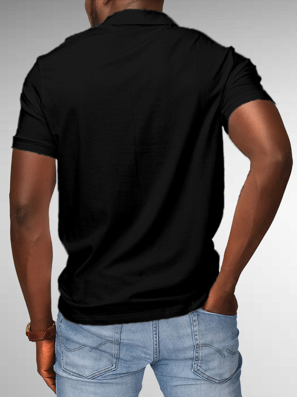 Back view of Fighterhero Men's Black Polo T-shirt, highlighting the modern look and clean finish