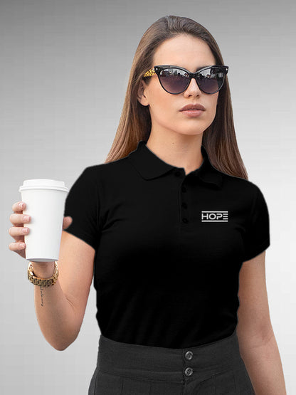 Model wearing Women's Black Polo T-shirt with 'Hope' design, offering effortless style and premium comfort