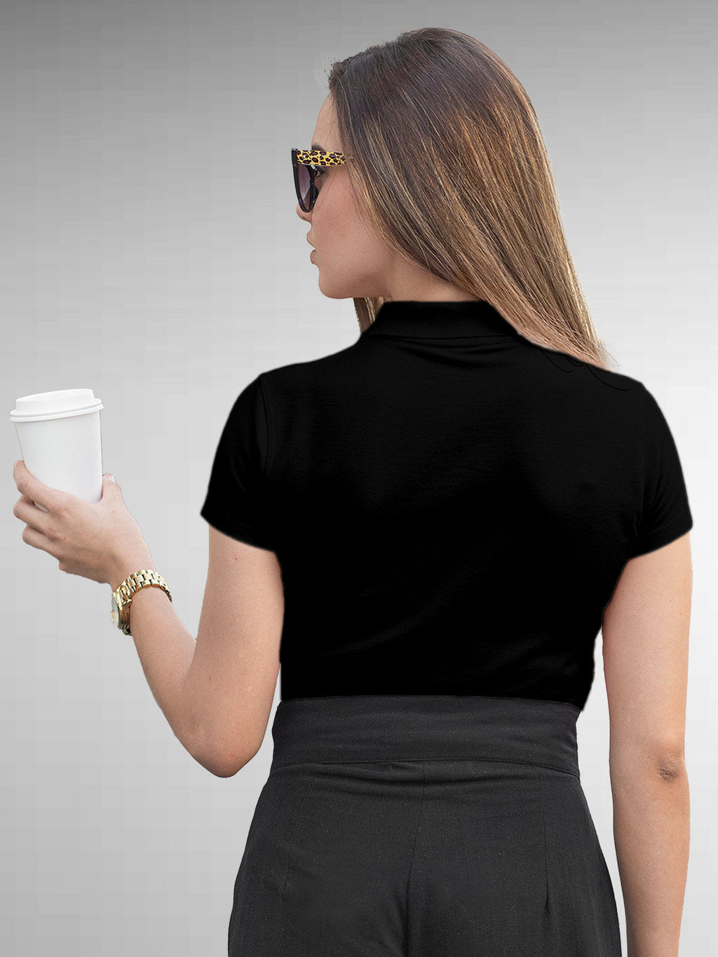 Back view of Fighterhero Women's Black Polo T-shirt, highlighting the modern look and clean finish