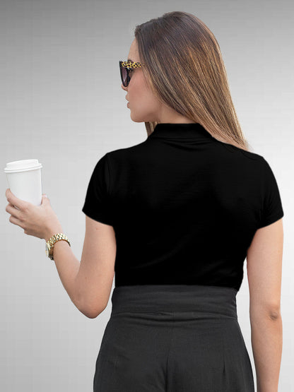 Back view of Fighterhero Women's Black Polo T-shirt, highlighting the modern look and clean finish