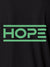 Close up of 'Hope' design on Women's Dark Grey Polo T-shirt, highlighting intricate details and vibrant print.