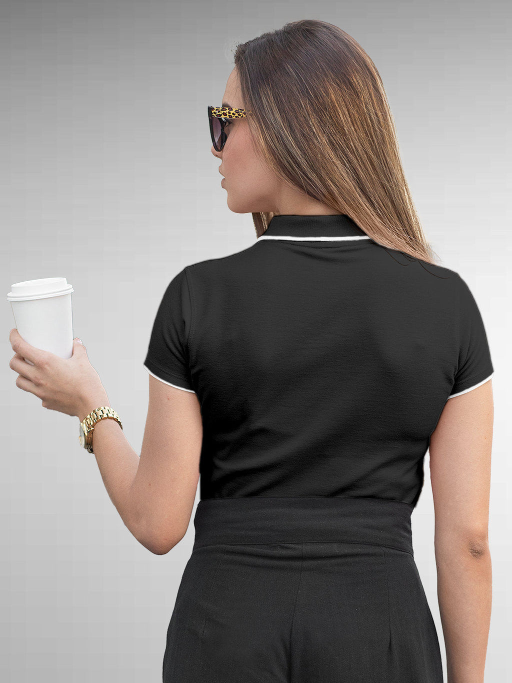 Back view of Fighterhero Women's Dark Grey Polo T-shirt, highlighting the modern look and clean finish
