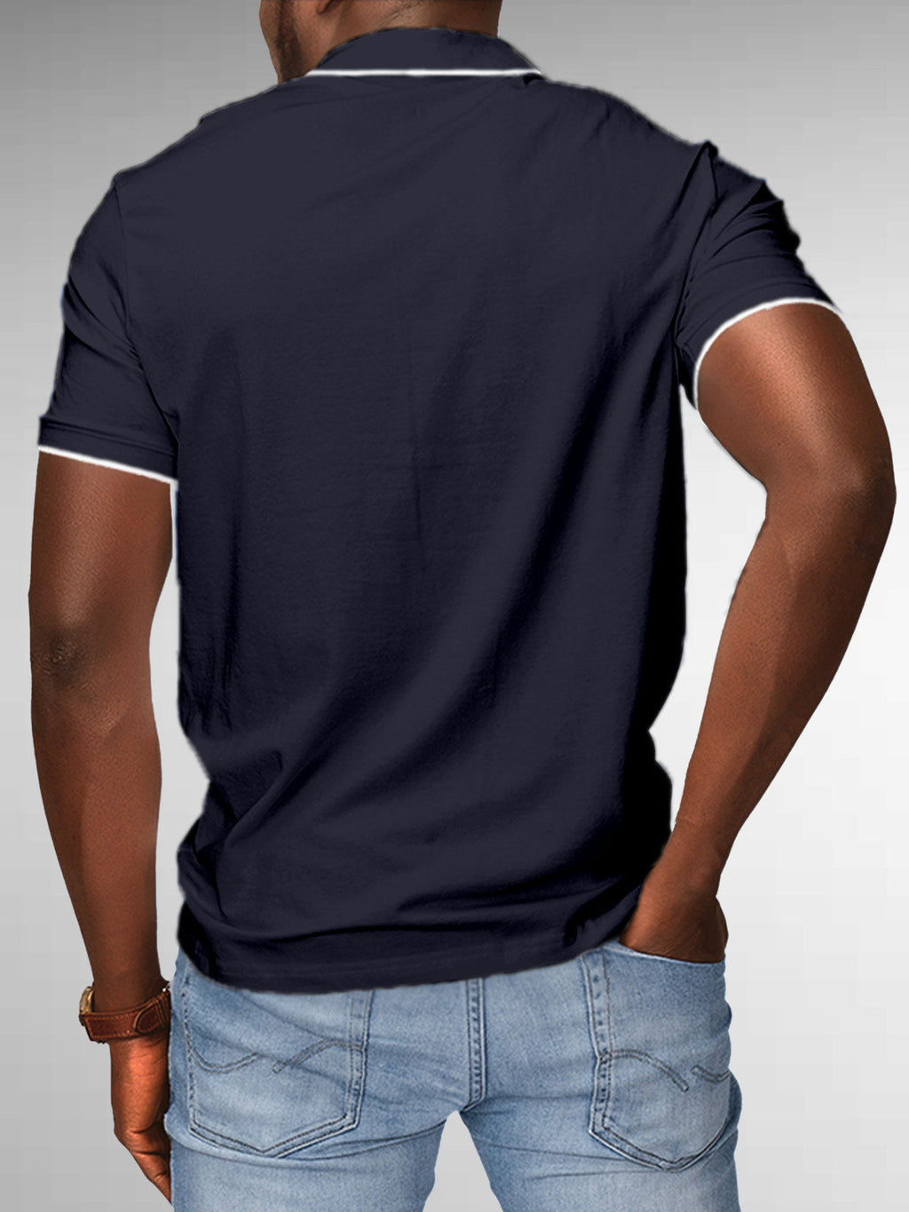 Back view of Fighterhero Men's Navy Blue Polo T-shirt, highlighting the modern look and clean finish