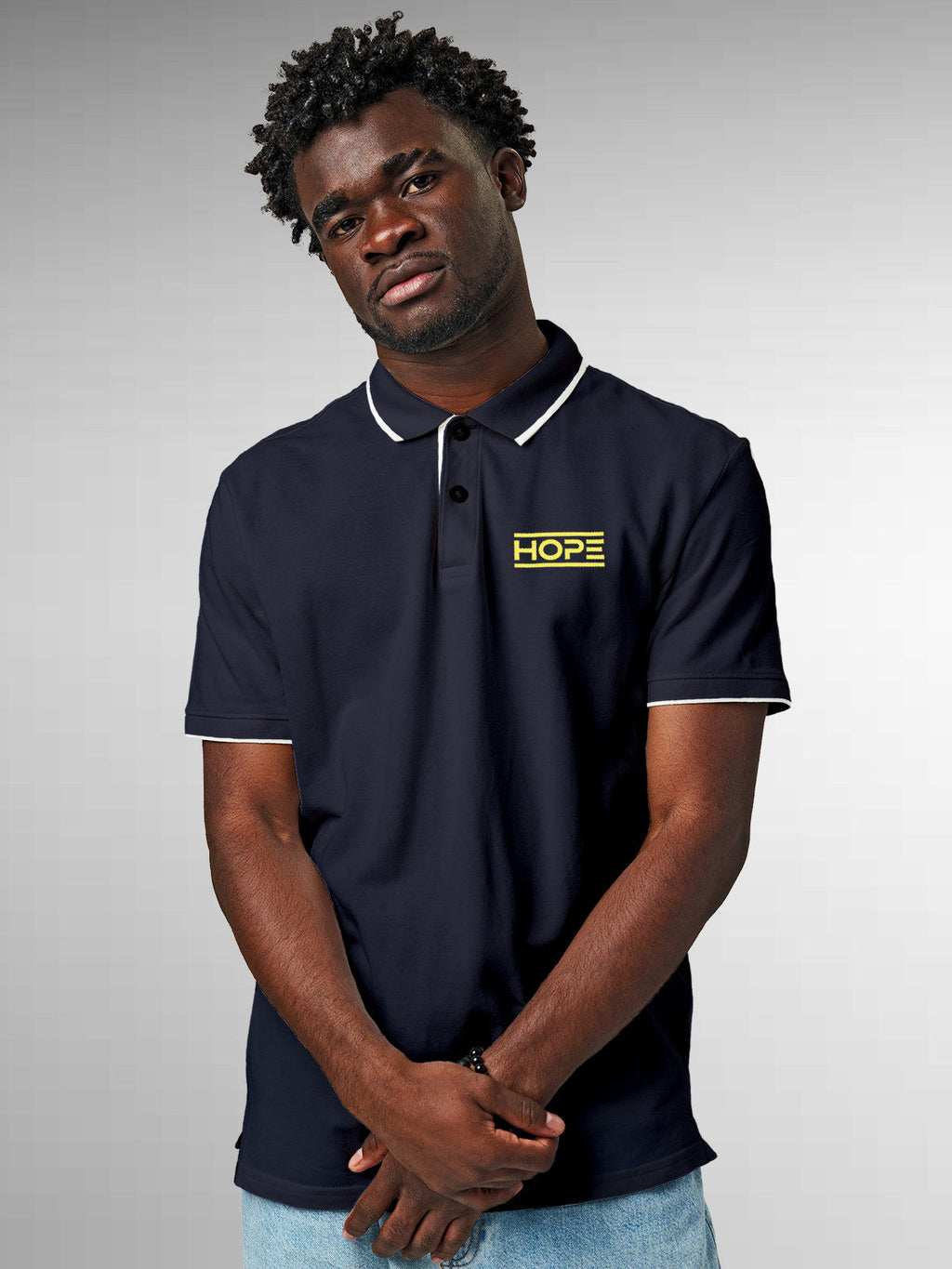 Model wearing Men's Navy Blue Polo T-shirt with 'Hope' design, offering effortless style and premium comfort