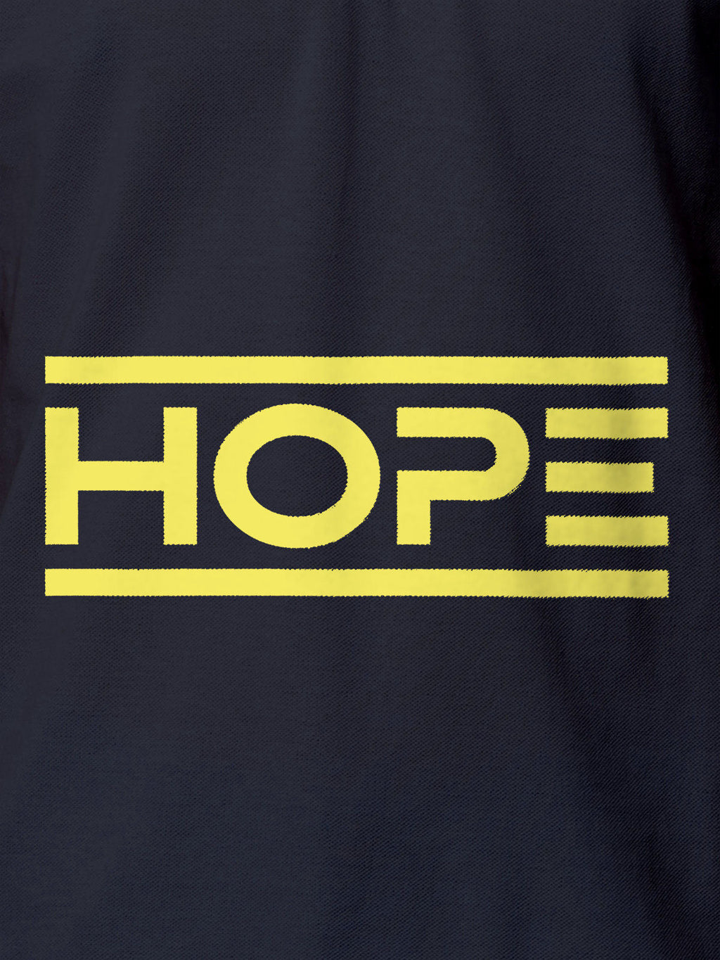 Close up of 'Hope' design on Men's Navy Blue Polo T-shirt, highlighting intricate details and vibrant print.