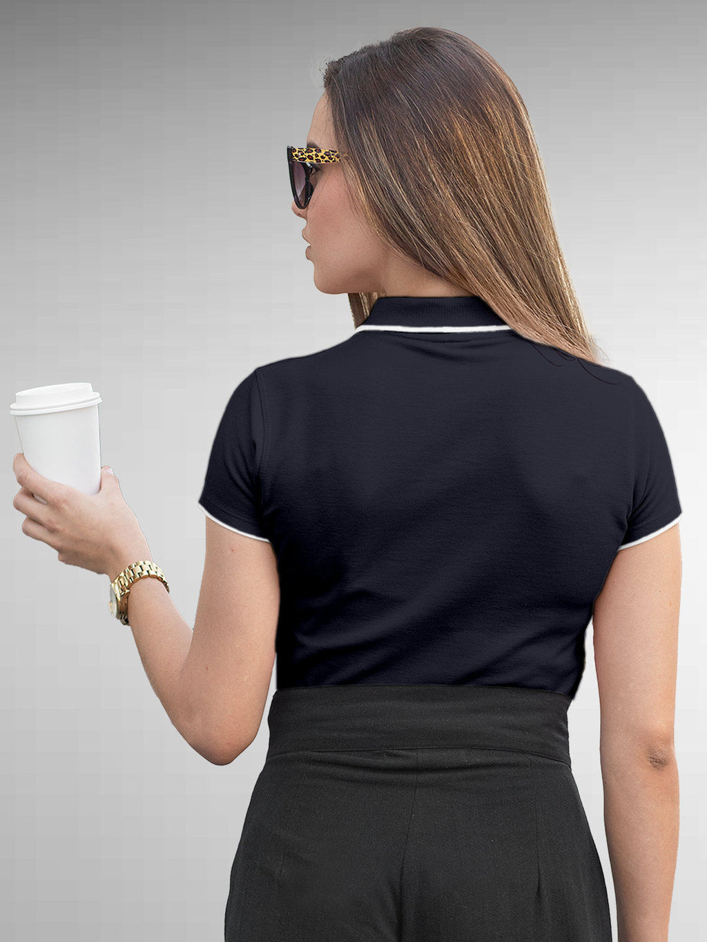 Back view of Fighterhero Women's Navy Blue Polo T-shirt, highlighting the modern look and clean finish