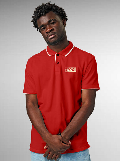 Model wearing Men's Red Polo T-shirt with 'Hope' design, offering effortless style and premium comfort