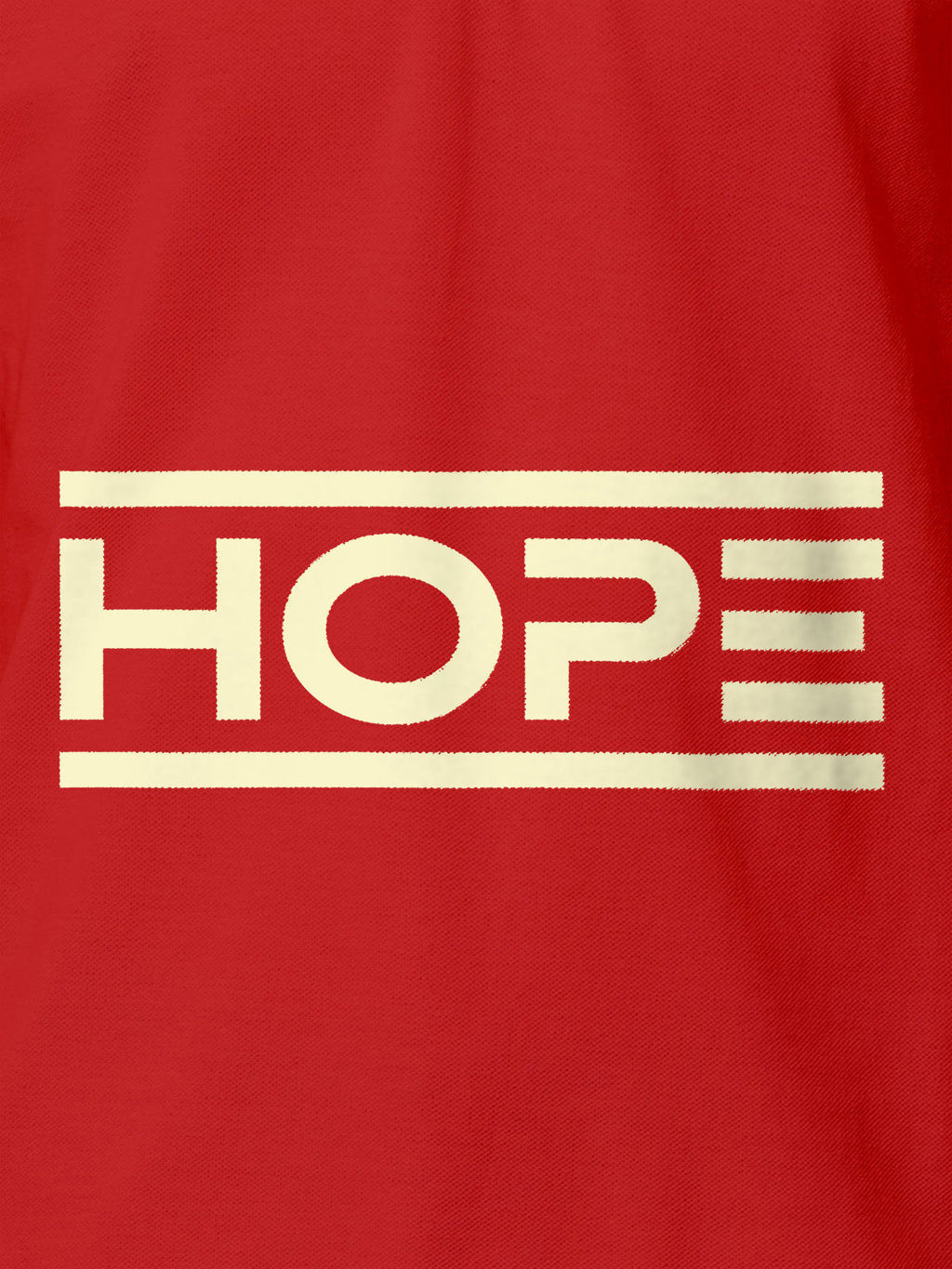 Close up of 'Hope' design on Men's Red Polo T-shirt, highlighting intricate details and vibrant print.