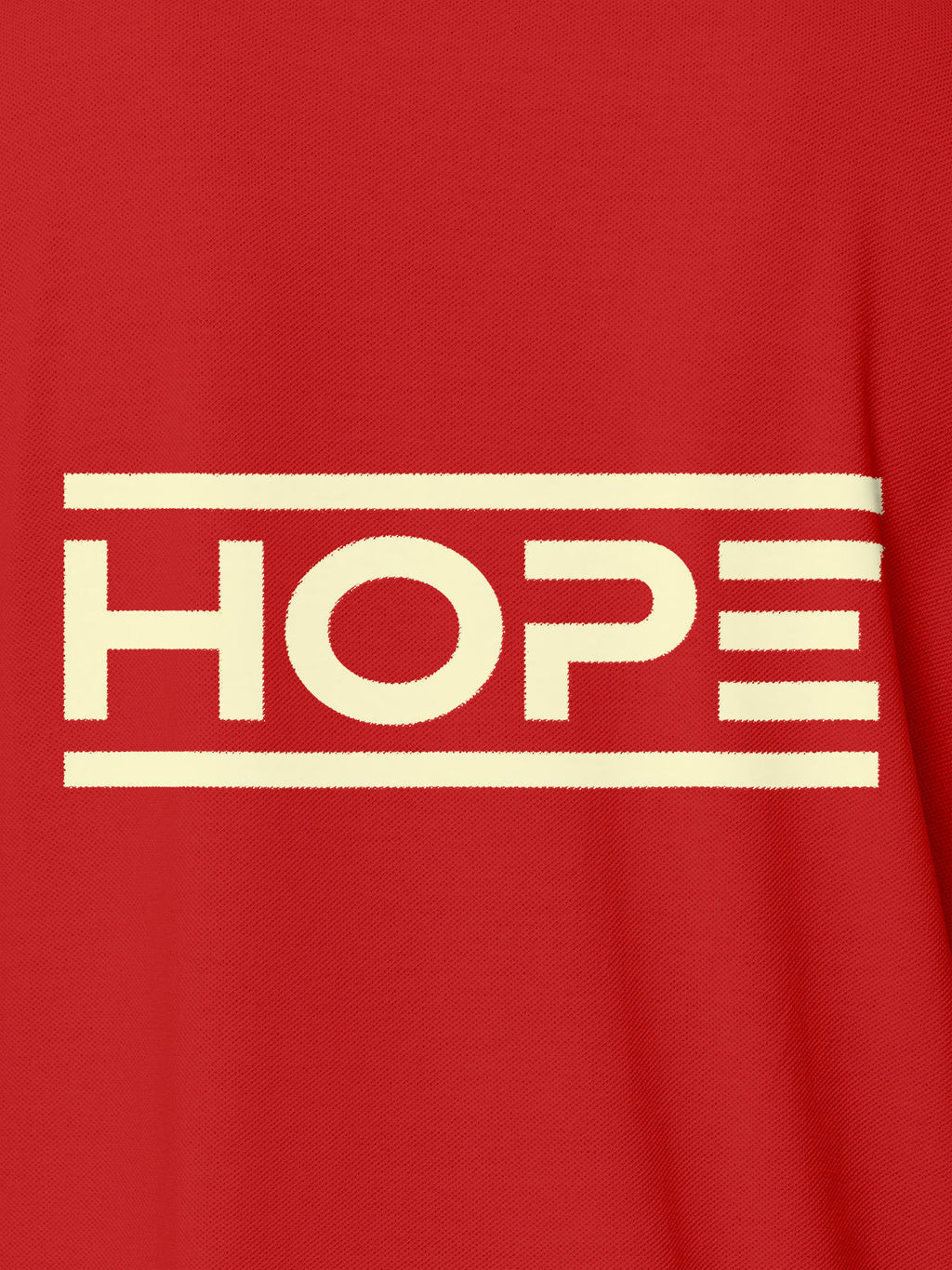 Close up of 'Hope' design on Women's Red Polo T-shirt, highlighting intricate details and vibrant print.