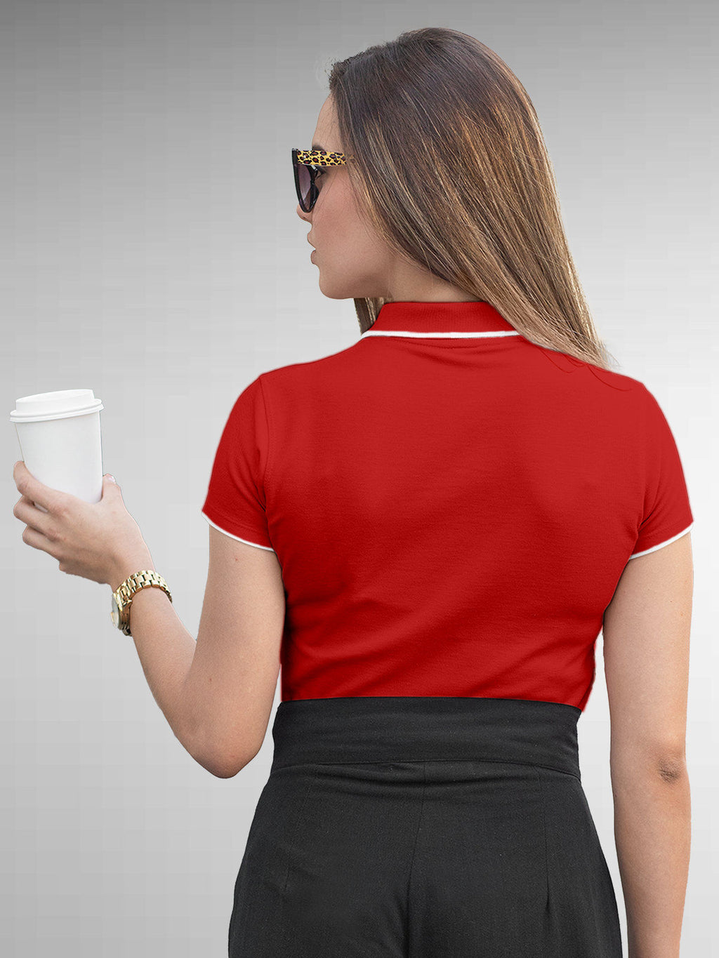 Back view of Fighterhero Women's Red Polo T-shirt, highlighting the modern look and clean finish