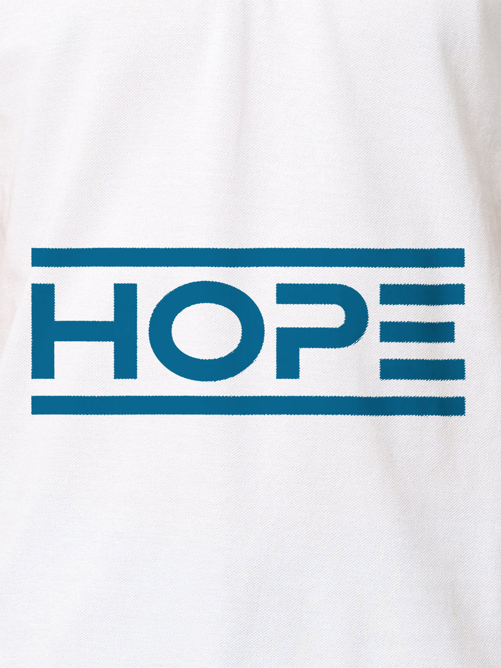 Close up of 'Hope' design on Men's White Polo T-shirt, highlighting intricate details and vibrant print.