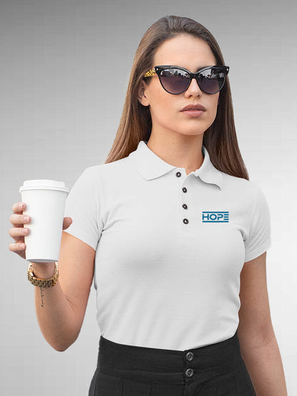 Model wearing Women's White Polo T-shirt with 'Hope' design, offering effortless style and premium comfort