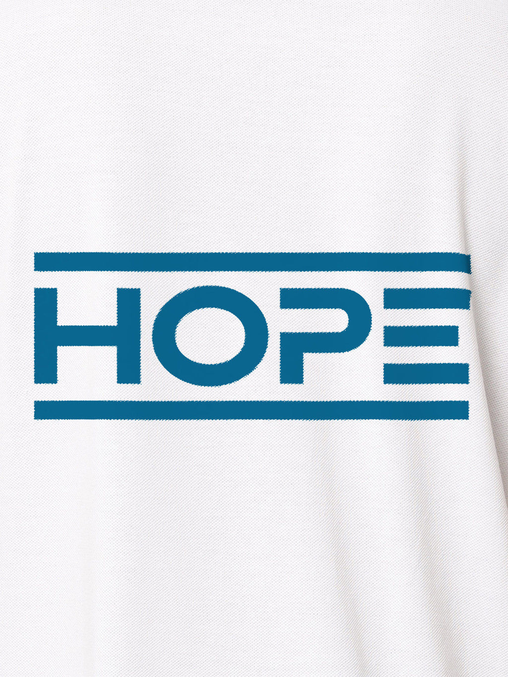 Close up of 'Hope' design on Women's White Polo T-shirt, highlighting intricate details and vibrant print.
