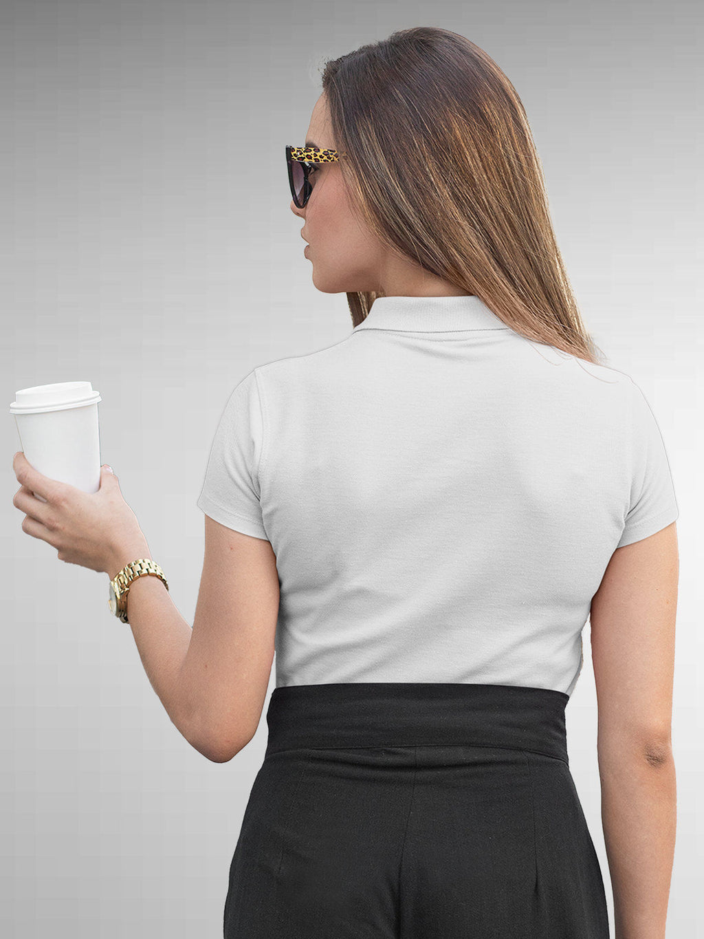 Back view of Fighterhero Women's White Polo T-shirt, highlighting the modern look and clean finish