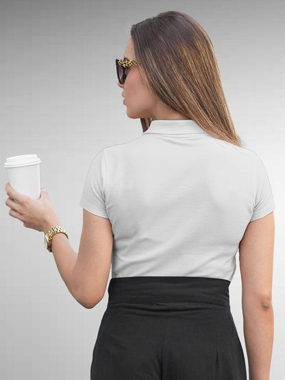 Back view of Fighterhero Women's White Polo T-shirt, highlighting the modern look and clean finish