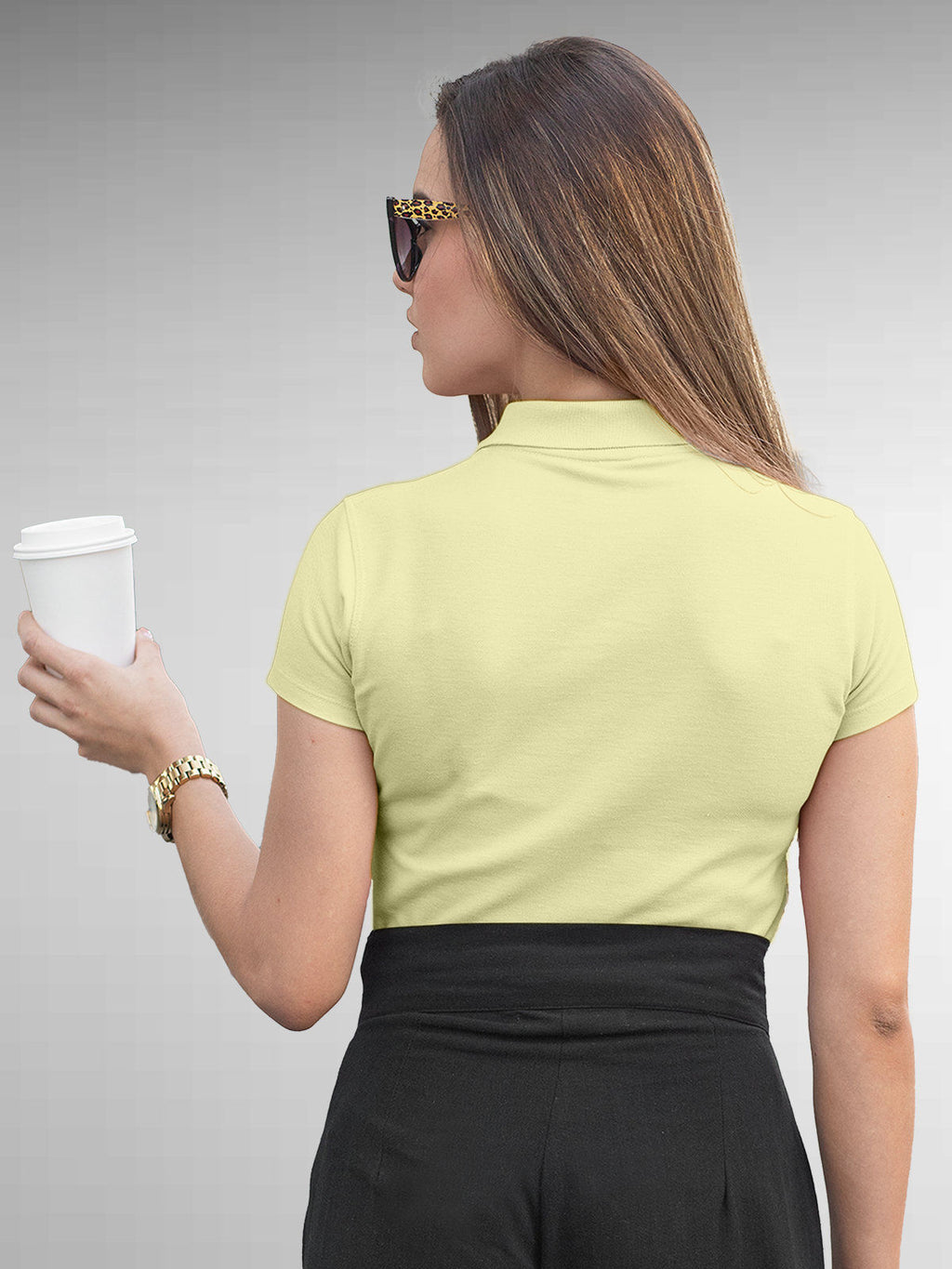 Back view of Fighterhero Women's Yellow Polo T-shirt, highlighting the modern look and clean finish