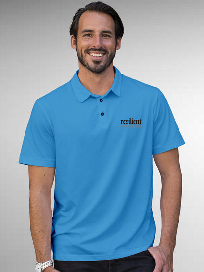 Model wearing Men's Blue Polo T-shirt with 'Resilient' design, offering effortless style and premium comfort