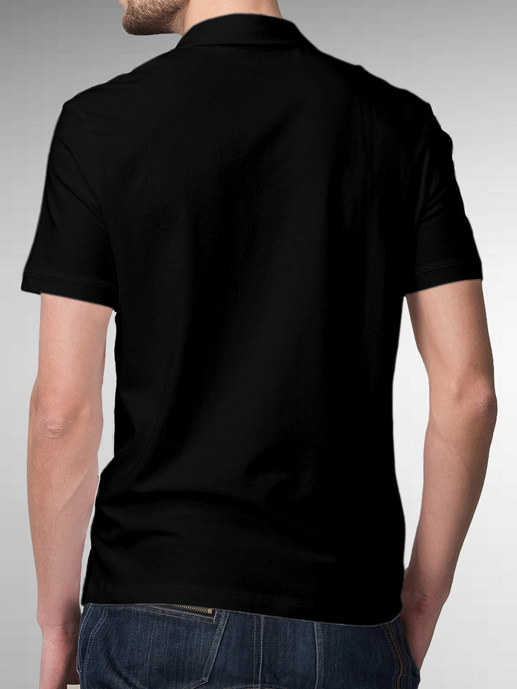 Back view of Fighterhero Men's Black Polo T-shirt, highlighting the modern look and clean finish