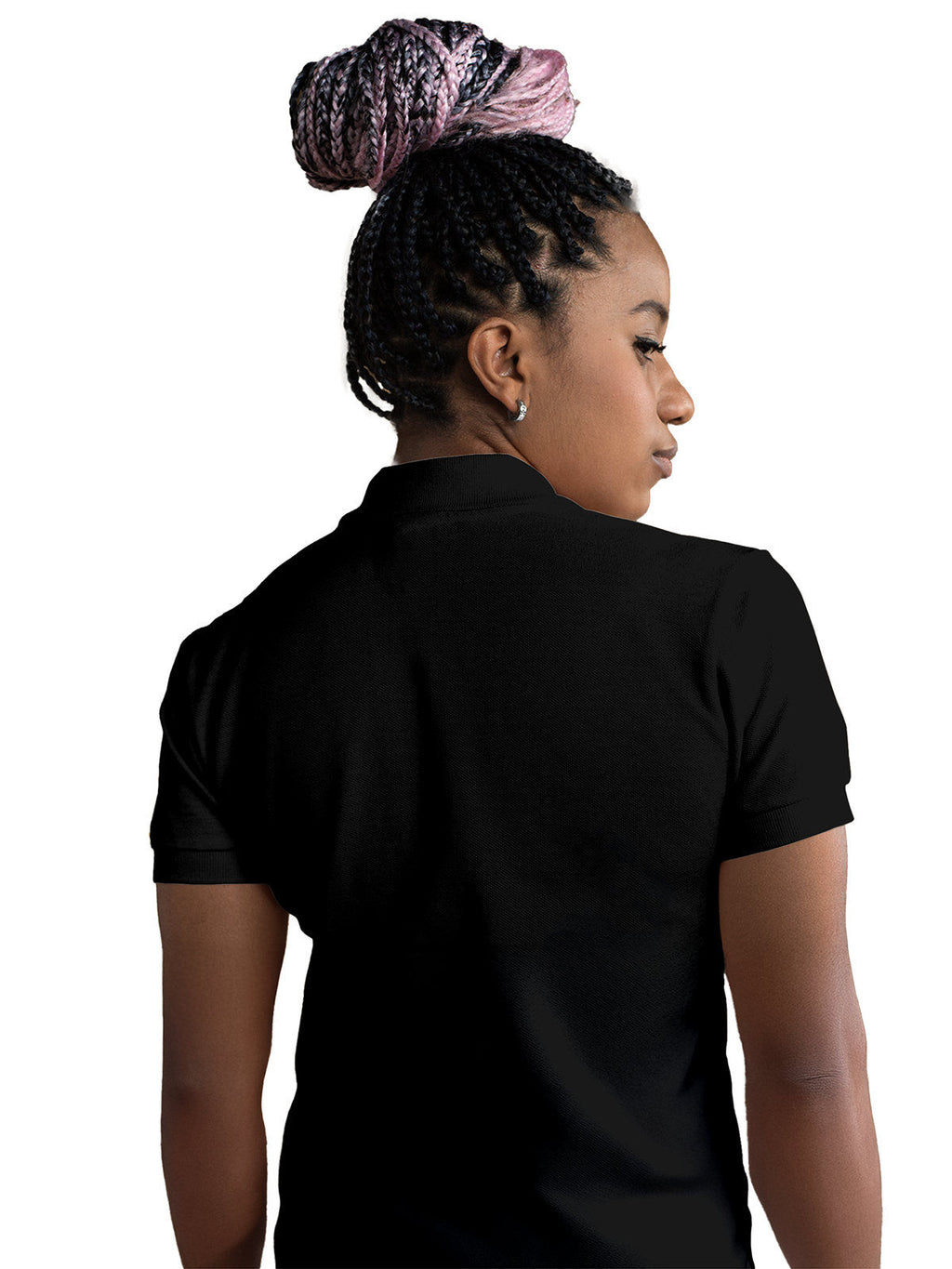 Back view of Fighterhero Women's Black Polo T-shirt, highlighting the modern look and clean finish