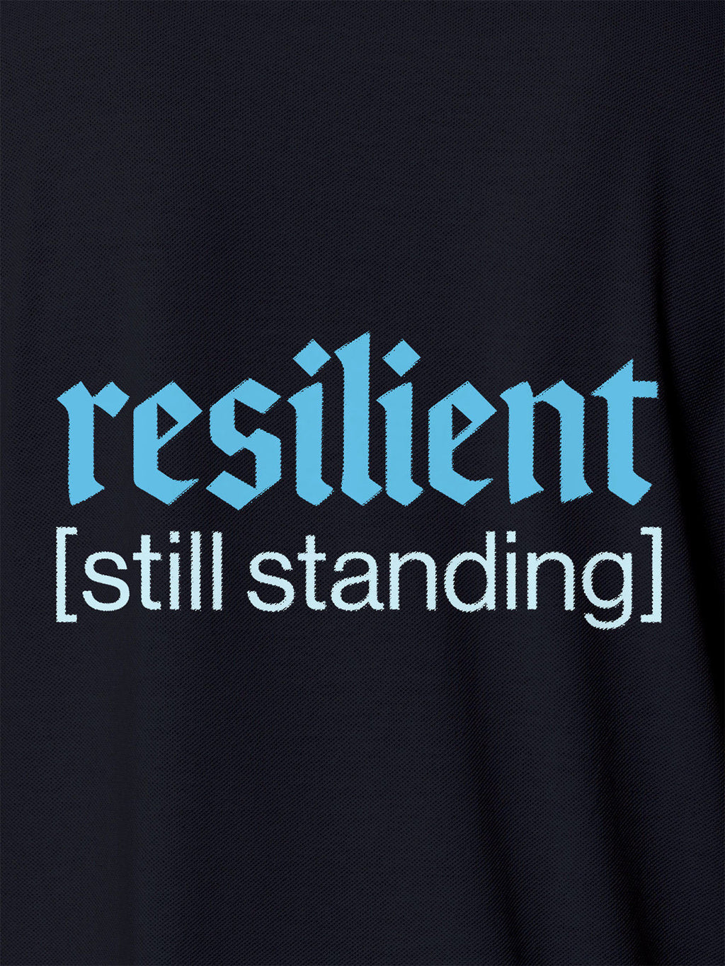 Close up of 'Resilient' design on Men's Navy Blue Polo T-shirt, highlighting intricate details and vibrant print.