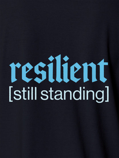 Close up of 'Resilient' design on Men's Navy Blue Polo T-shirt, highlighting intricate details and vibrant print.