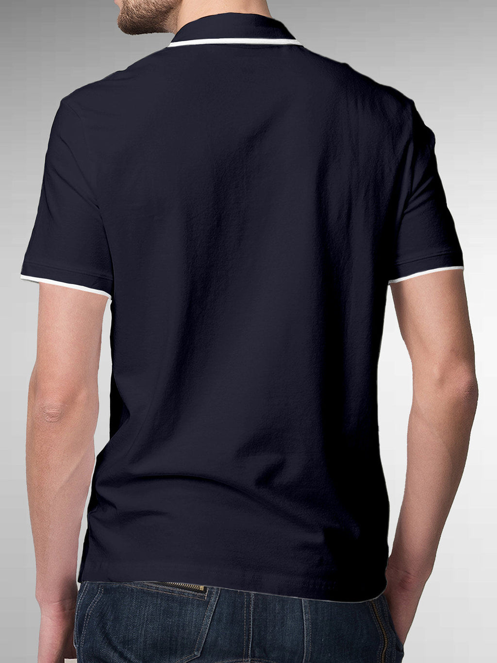 Back view of Fighterhero Men's Navy Blue Polo T-shirt, highlighting the modern look and clean finish