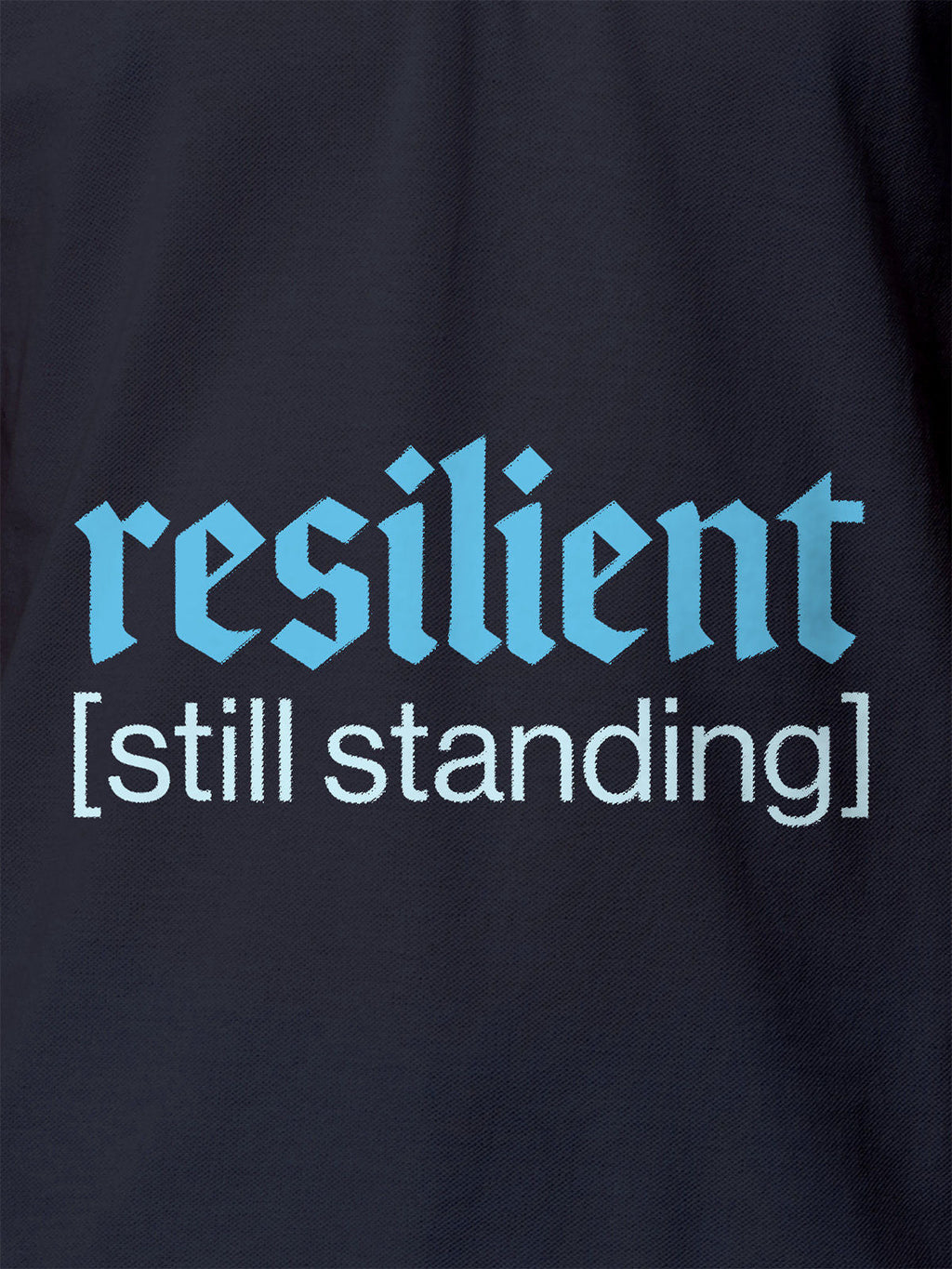 Close up of 'Resilient' design on Women's Navy Blue Polo T-shirt, highlighting intricate details and vibrant print.