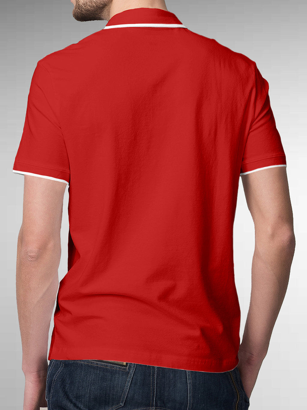 Back view of Fighterhero Men's Red Polo T-shirt, highlighting the modern look and clean finish