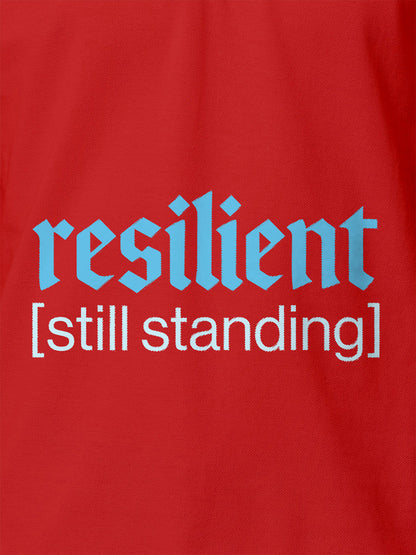 Close up of 'Resilient' design on Women's Red Polo T-shirt, highlighting intricate details and vibrant print.