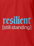 Close up of 'Resilient' design on Women's Red Polo T-shirt, highlighting intricate details and vibrant print.
