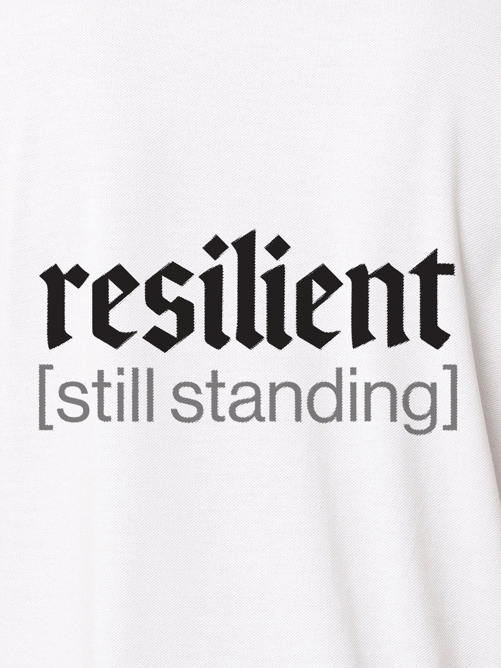 Close up of 'Resilient' design on Men's White Polo T-shirt, highlighting intricate details and vibrant print.