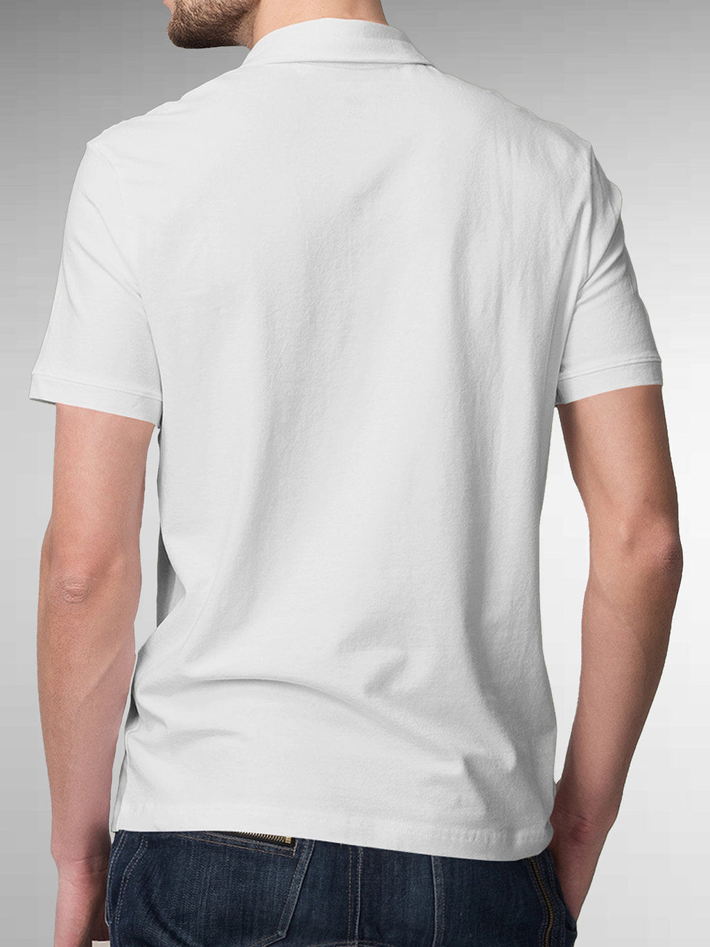 Back view of Fighterhero Men's White Polo T-shirt, highlighting the modern look and clean finish