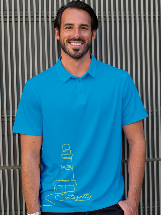 Model wearing Men's Blue Polo T-shirt with 'Integrity' design, offering effortless style and premium comfort