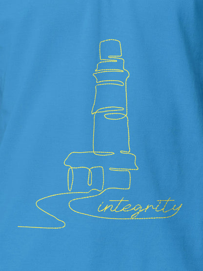 Close up of 'Integrity' design on Men's Blue Polo T-shirt, highlighting intricate details and vibrant print.