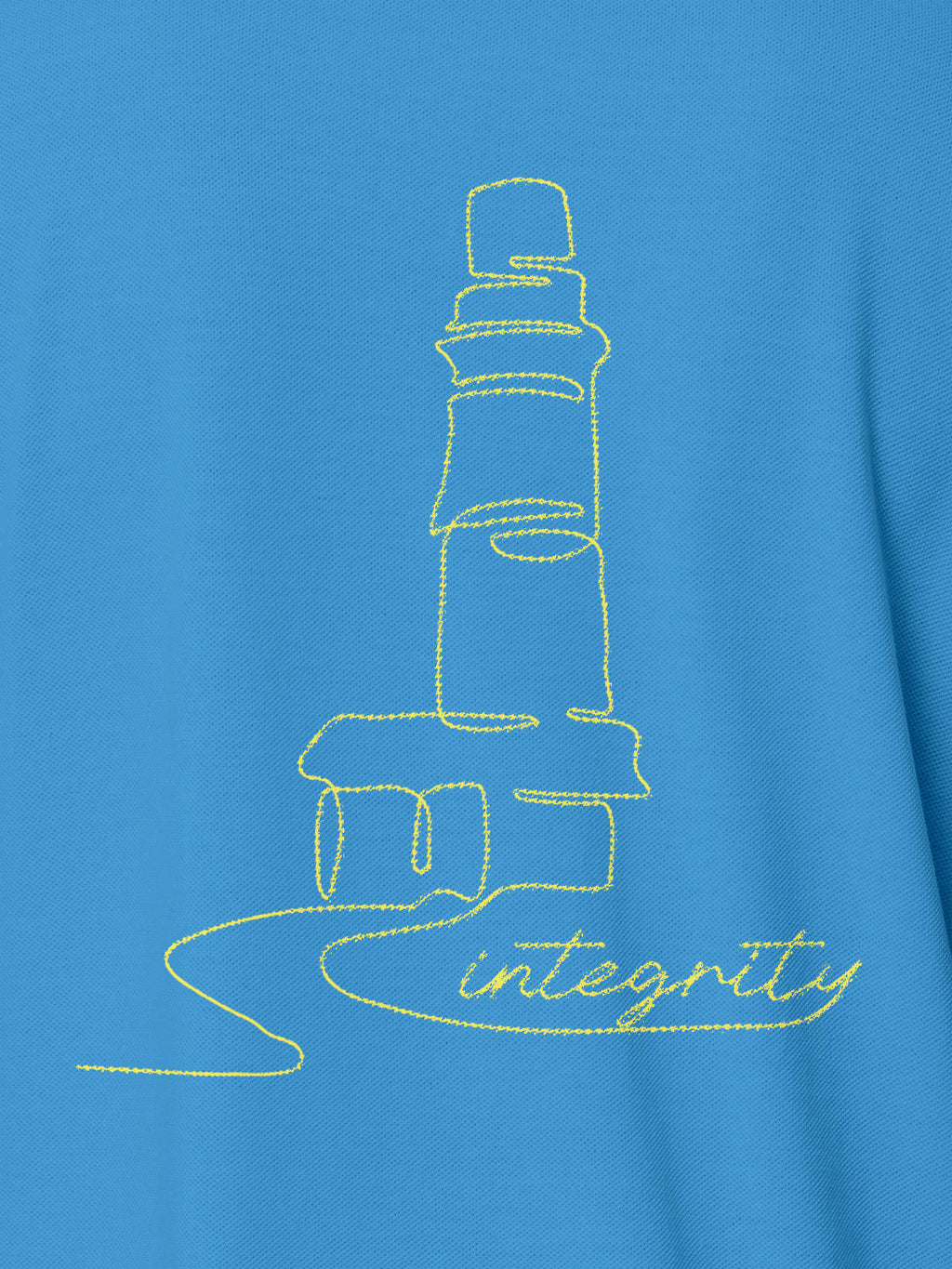 Close up of 'Integrity' design on Women's Blue Polo T-shirt, highlighting intricate details and vibrant print.
