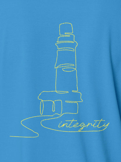 Close up of 'Integrity' design on Women's Blue Polo T-shirt, highlighting intricate details and vibrant print.