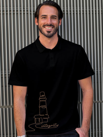 Model wearing Men's Black Polo T-shirt with 'Integrity' design, offering effortless style and premium comfort