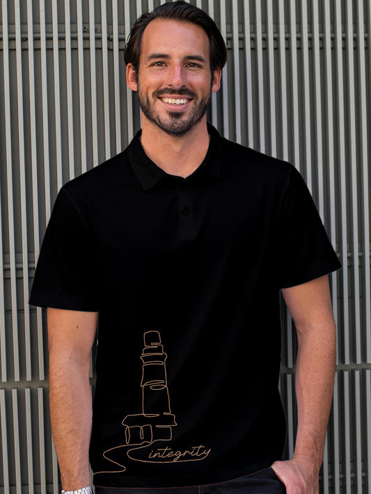 Model wearing Men's Black Polo T-shirt with 'Integrity' design, offering effortless style and premium comfort
