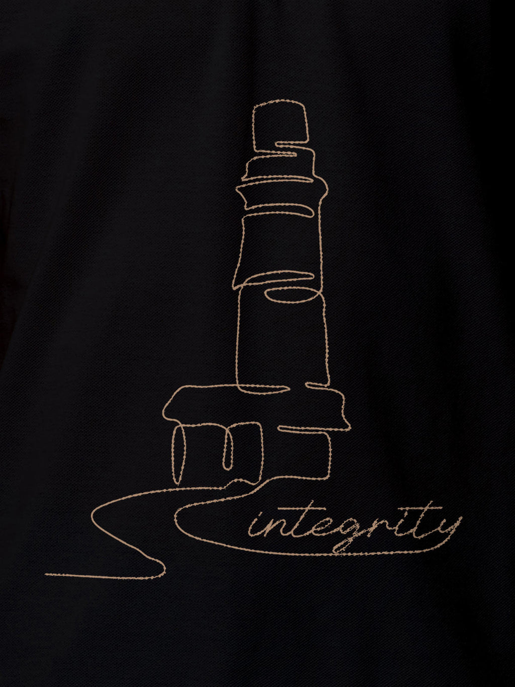 Close up of 'Integrity' design on Men's Black Polo T-shirt, highlighting intricate details and vibrant print.