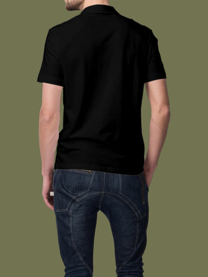 Back view of Fighterhero Men's Black Polo T-shirt, highlighting the modern look and clean finish