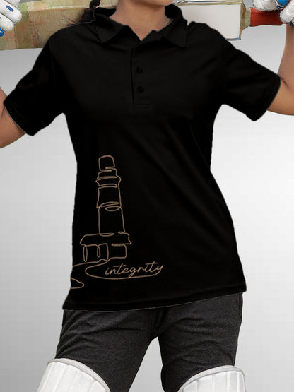 Model wearing Women's Black Polo T-shirt with 'Integrity' design, offering effortless style and premium comfort