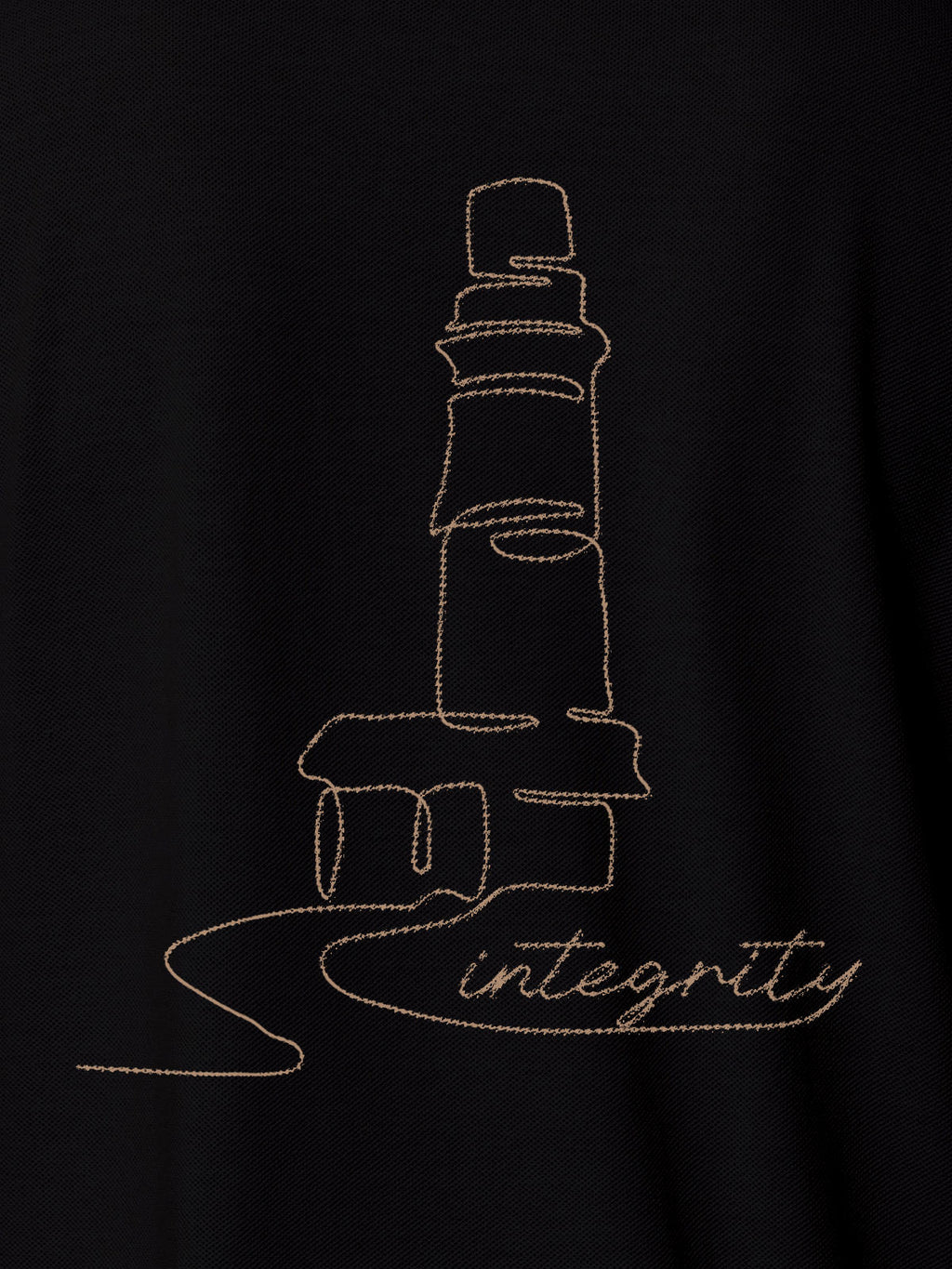 Close up of 'Integrity' design on Women's Black Polo T-shirt, highlighting intricate details and vibrant print.